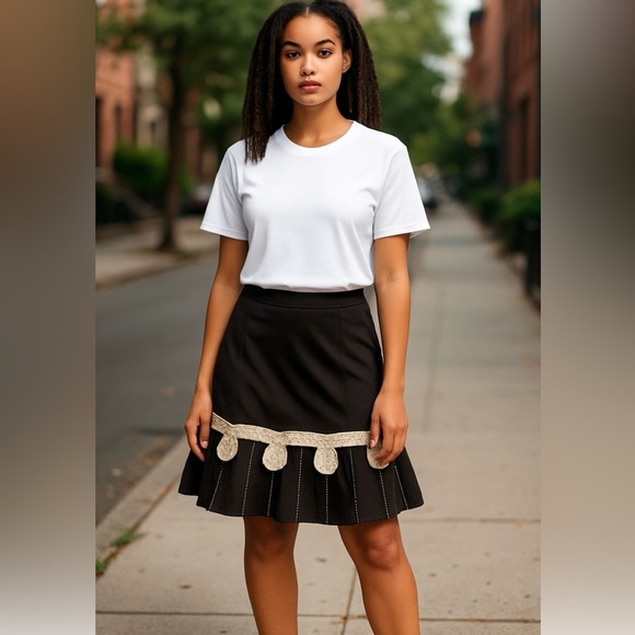ODILLE, Anthropologie Ruffle Pleated A-Line Full Midi Knee Length Skirt, Size 10 - Picture 1 of 11